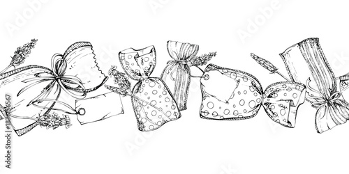 Herbal sachet bag assortment, lavender lavandula flower stalks, ribbon bows and tags. Isolated seamless banner illustration hand drawn in vector ink. Summer decor, digital paper, stickers, packaging