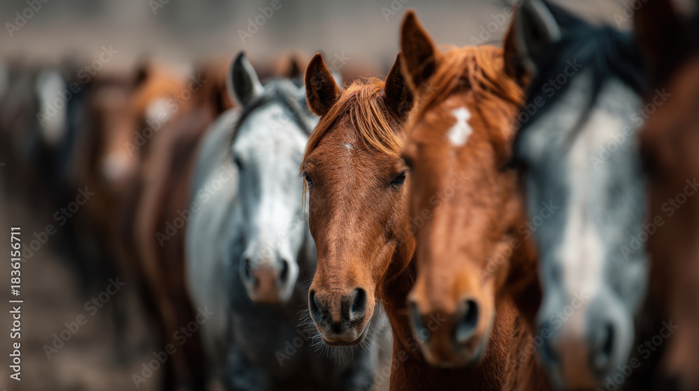 Fototapeta premium Powerful, shallow depth-of-field close-up of a line of majestic wild horses with varying coats, featuring a focused chestnut horse prominently in the center, conveying freedom and strength in nature