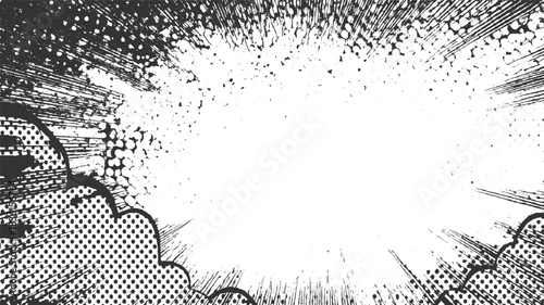 Black and white comic book explosion burst background with halftone dots and speed lines vector