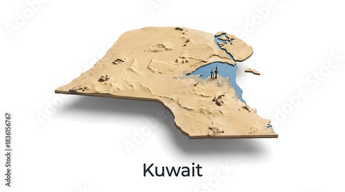 3D illustration of Kuwait map with beige terrain and blue water on a white background with shadow.