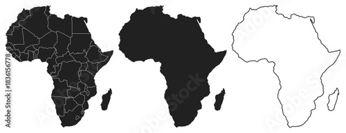 Maps of Africa - Afrique - Afrika. Outline, line, black, silhouette, Vector