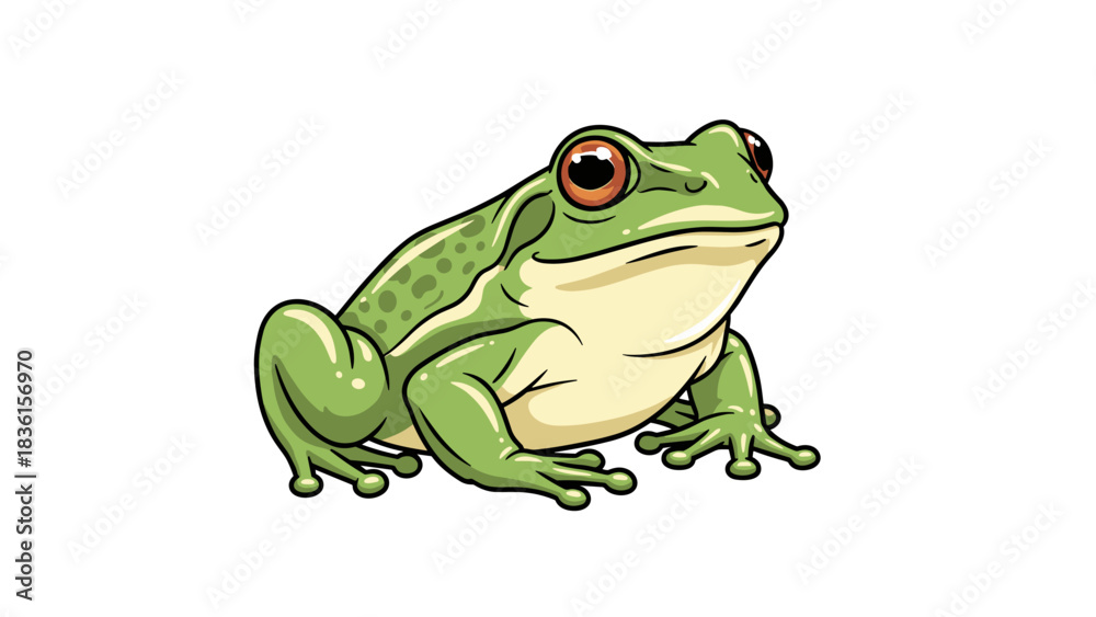 Naklejka premium Green frog sitting calmly on white background with copy space