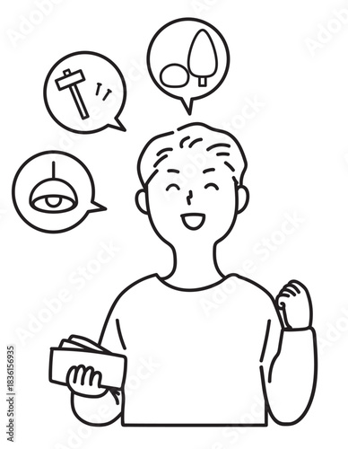 頭金なしで家を建て浮いたお金で設備の計画を立てる男性のバストアップ_線画