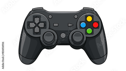 Black gaming controller with buttons for video games and entertainment