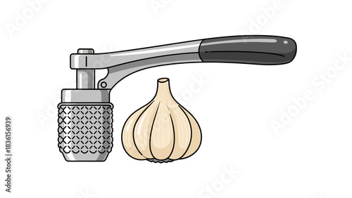 Garlic press with bulb on white background for kitchen and cooking