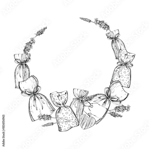 Lavender filled sachet bags of country style stripes dots fabric tied with ribbon, Isolated wreath frame illustration hand drawn in vector ink. Floral wedding prop, sunny day print, outdoor market