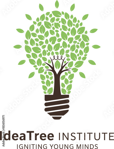 Idea tree institute logo with bulb and leaves design vector illustration 