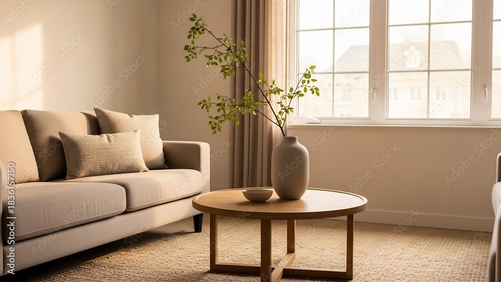 Fototapeta premium Elegant Living Room Interior with Natural Light and Neutral Tones.