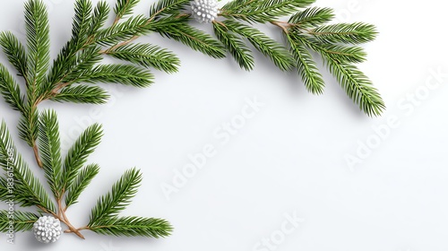 Festive Spruce Sprigs: Christmas-themed arrangement, fresh green spruce branch adorn a clean composition, exuding the spirit of the season.