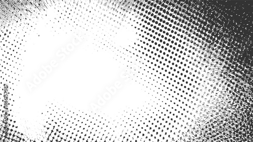 Black and white halftone pattern with radial lines and scattered dots abstract background
