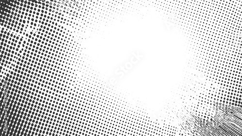 Black and white halftone pattern with radiating lines and scattered dots abstract background