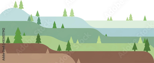 A minimalist illustration of a layered natural landscape featuring rolling green hills, a serene blue lake, and scattered evergreen trees under a clear sky.