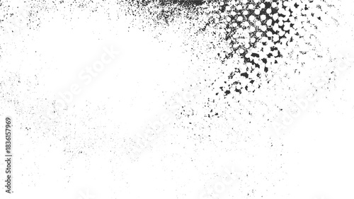 Black speckle and halftone pattern overlay on white background grunge texture