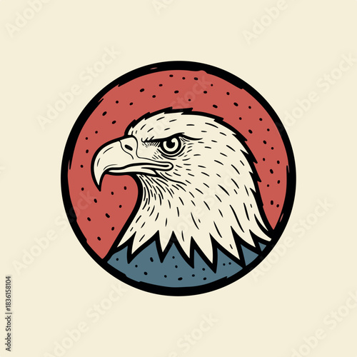 Illustration of a bald eagle's head in profile, set against a red circle with black dots on a beige background.