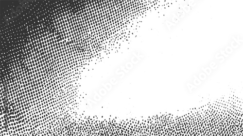 Black and white halftone pattern with scattered dots and textured edges abstract background