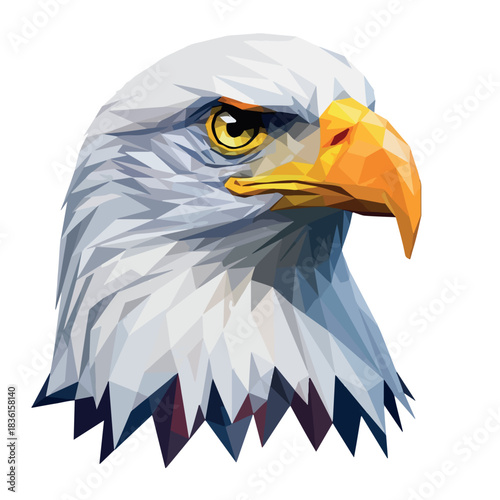 Close-up illustration of a bald eagle's head in a geometric style against a plain white background.