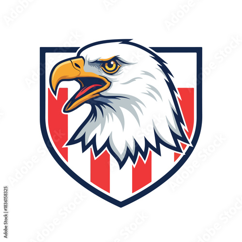 Illustration of a bald eagle's head on a shield with red stripes on a white background, outlined in dark blue.