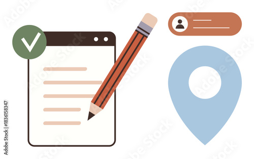 Checklist marked complete with a pencil, user profile, and location marker. Ideal for organization, productivity, planning, management, location tracking data entry and workflow. Simple flat