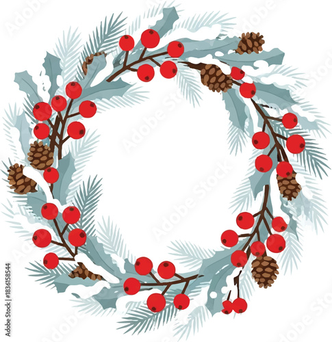 A beautiful festive winter wreath adorned with red berries, pinecones, and frosted evergreen branches, perfect for holiday decoration.