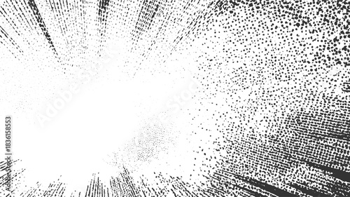 Black and white abstract burst pattern with scattered dots and lines background