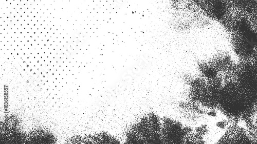 Black dots and speckles on white background with textured dark areas abstract