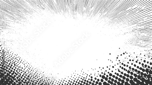 Black and white abstract radial lines and halftone dots pattern background vector
