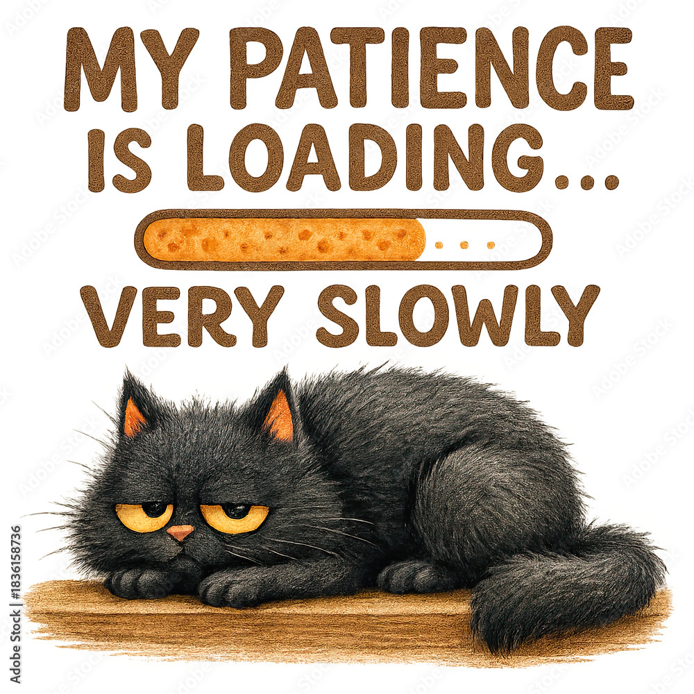 Fototapeta premium Cute grumpy black cat with orange eyes lying on wooden plank beneath phrase