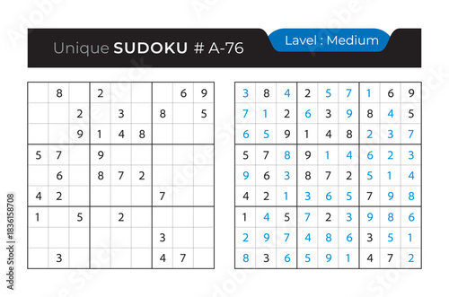 Sudoku puzzle with answer. Vector puzzle game with numbers for kids and adults. 9x9 sudoku Illustration on white background.