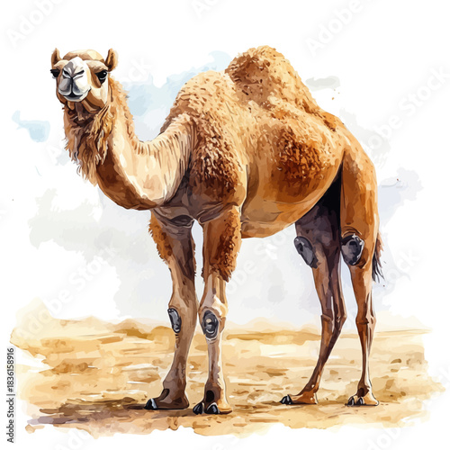Bactrian Camel, detailed watercolor clipart vector, isolated on a pure white background.