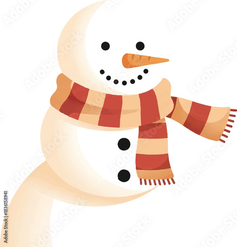 A whimsical snowman shaped like a crescent moon, wearing a striped scarf, with a carrot nose and coal eyes and mouth.