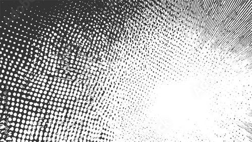 Black and white halftone dot pattern radiating outwards with textured lines abstract background