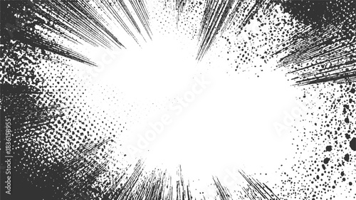 Black and white abstract explosion burst with halftone dots and lines comic manga