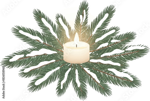 A lit white candle surrounded by snow-dusted green pine branches, creating a festive winter decoration.