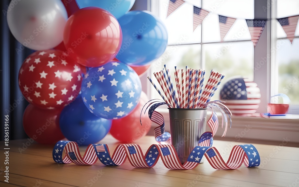 Obraz premium Patriotic red, white, and blue decorations featuring balloons with stars, striped paper straws, and an american flag ribbon for usa holidays.