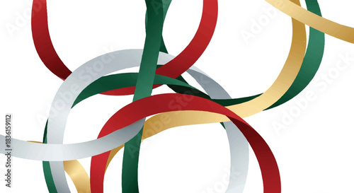 Intertwined red, green, gold, and silver ribbons creating an abstract, festive pattern on a white background.