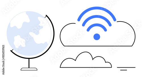 Global connectivity concept. Globe, cloud, and wireless worldwide access to data and digital communication. Global connectivity supports technology, networking, cloud computing, online platforms