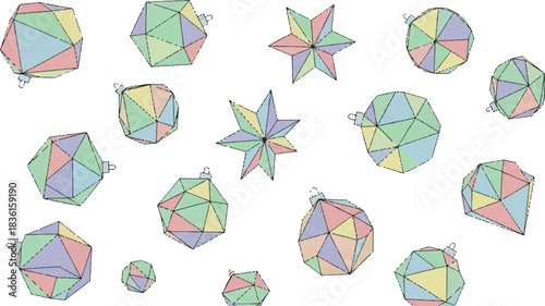 A collection of colorful geometric shapes and faceted ornaments scattered on a white background, creating an abstract pattern.