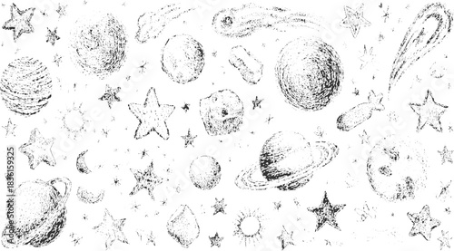 Hand drawn black and white space elements including planets stars comets and sun vector