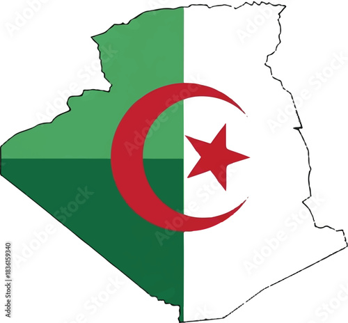 Map outline of Algeria filled with its national flag, featuring green and white halves with a red star and crescent.