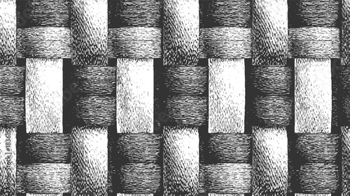 Black and white woven texture with horizontal and vertical stripes pattern weave