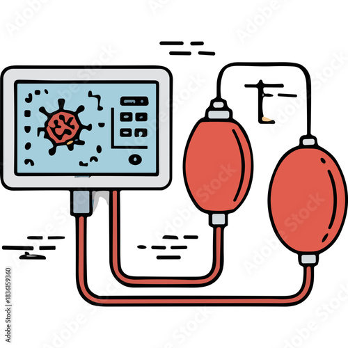 Medical Ventilator Machine Displaying A Virus Icon Connected To Two Inflatable Air Bags For Respiratory Support In A Clinical Setting With Clean Blue And Red Accents On A White Background
