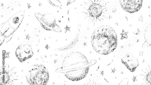 Hand drawn black and white space pattern with planets rocket stars and sun cosmos galaxy