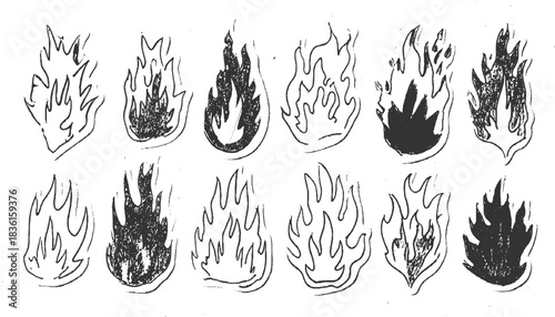 Collection of hand drawn black and white flame illustrations in various styles fire drawing