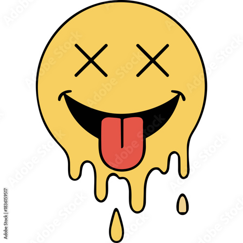 Melting Yellow Emoji Face With X Eyes And Tongue Out Dropping Liquid Against Black Background Represents Extreme Heat Overwhelmed Or Exhausted State Or Playful Expression