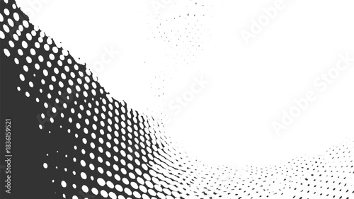 Dark grey halftone dots forming a wave pattern against a white background abstract black