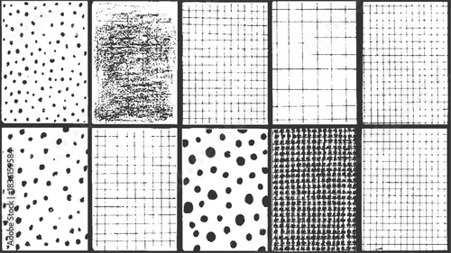 Ten black and white graphic patterns including dots grids and textured rectangles vector