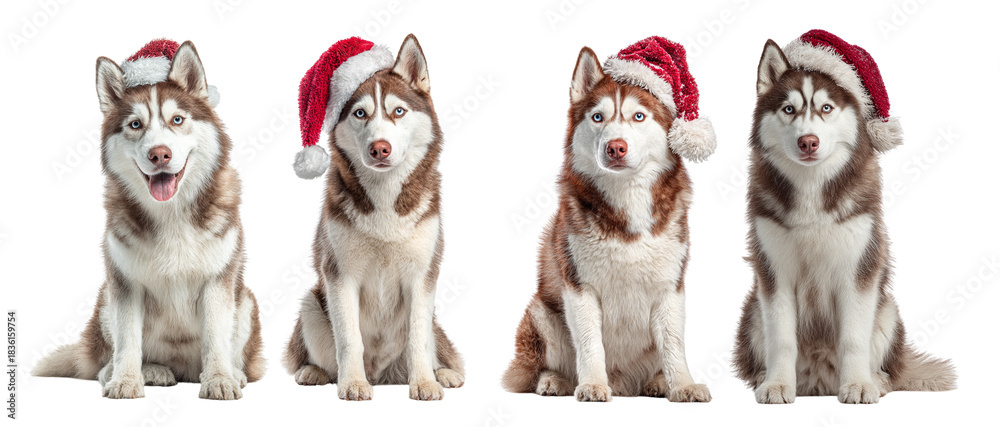 Obraz premium Four adorable siberian husky dogs wearing festive red and white santa hats sitting together looking at the camera isolated on transparent background
