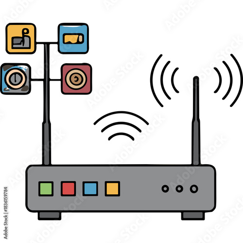 Modern gray router with antennas broadcasting wireless signals and colorful app icons floating above against a dark background signifying digital connectivity and network access