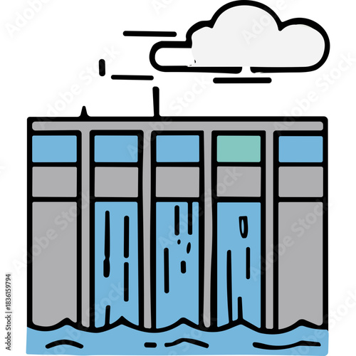 Modern Hydroelectric Dam Structure with Cascading Water Under a Cloudy Sky Capturing Renewable Energy Generation Powering Sustainable Infrastructure and Environmental Conservation Efforts