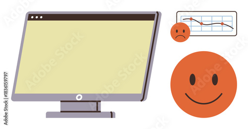 Computer monitor, emoticon faces highlighting contrasting emotions, and line graph showing fluctuating trends. Ideal for analytics, feedback, emotions, performance, decision-making, satisfaction
